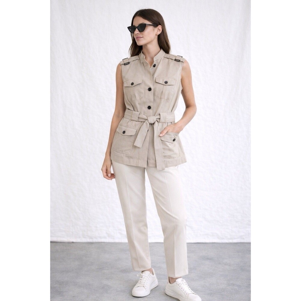 Worthington Women Beige Utility Vest Belted Safari Sleeveless Jacket S - Picture 16 of 16